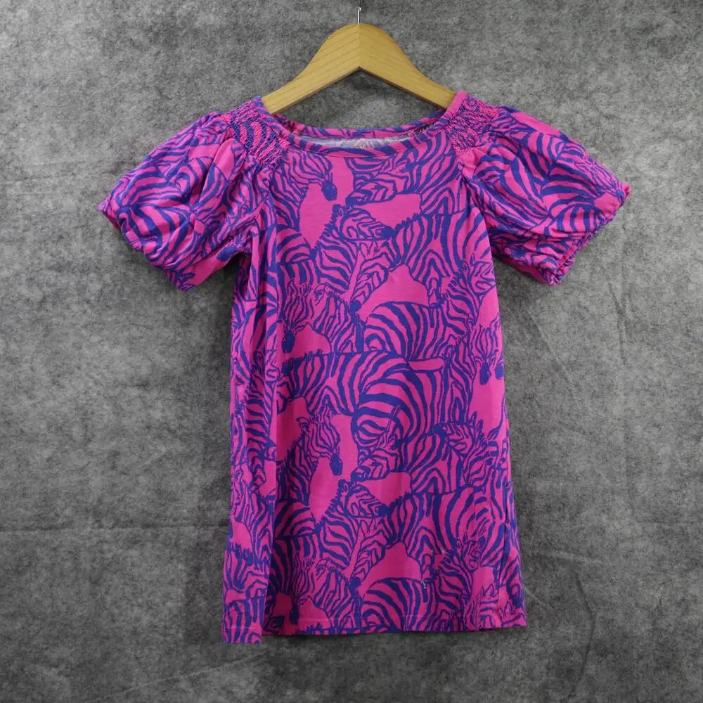 Lilly Pulitzer Dress Girls S 4-5 Pink Zebra Tee Puff Sleeve Smocked Knee Length